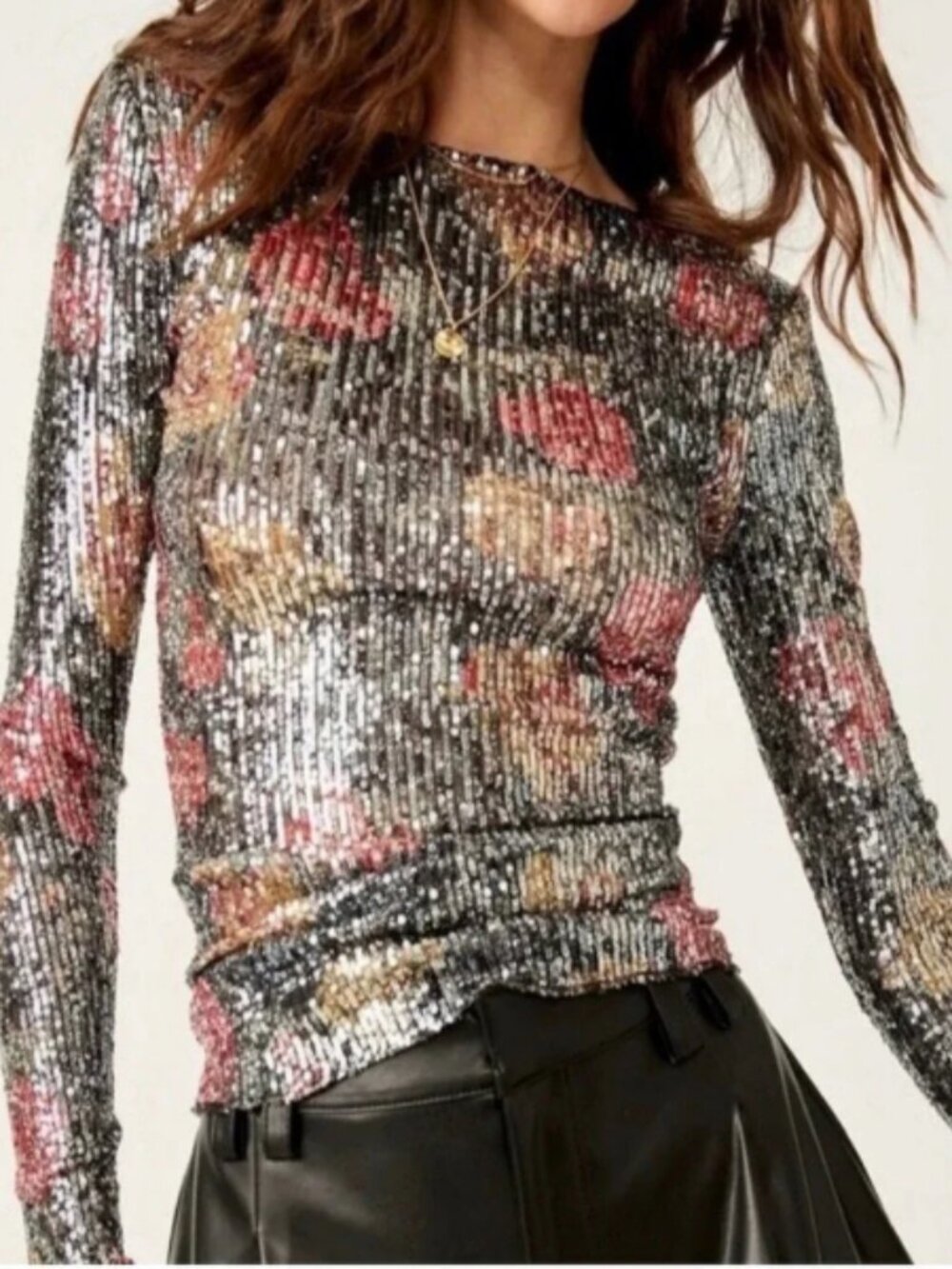 NEW Intimately Free People Gold Rush Floral Sequin Top Midnight Combo M